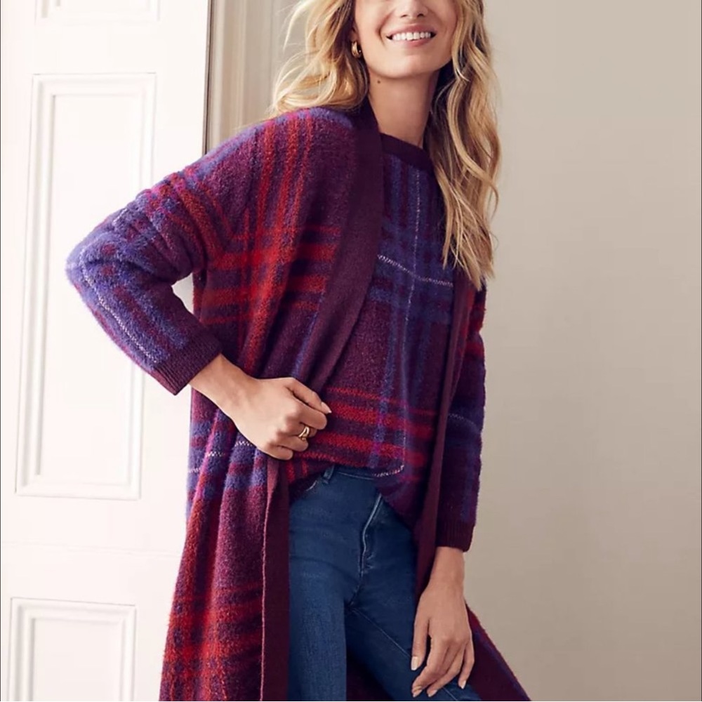 NWT! Ann Taylor Plaid Open Coatigan Plum Rose, XS